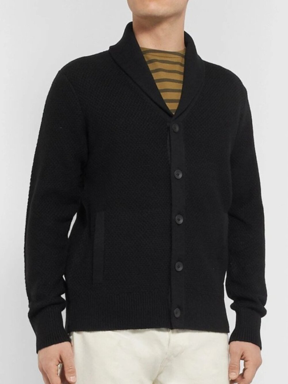 Rag & Bone Cardiff Merino Wool Shawl Cardigan Sweater Men's L Black Waffle Knit